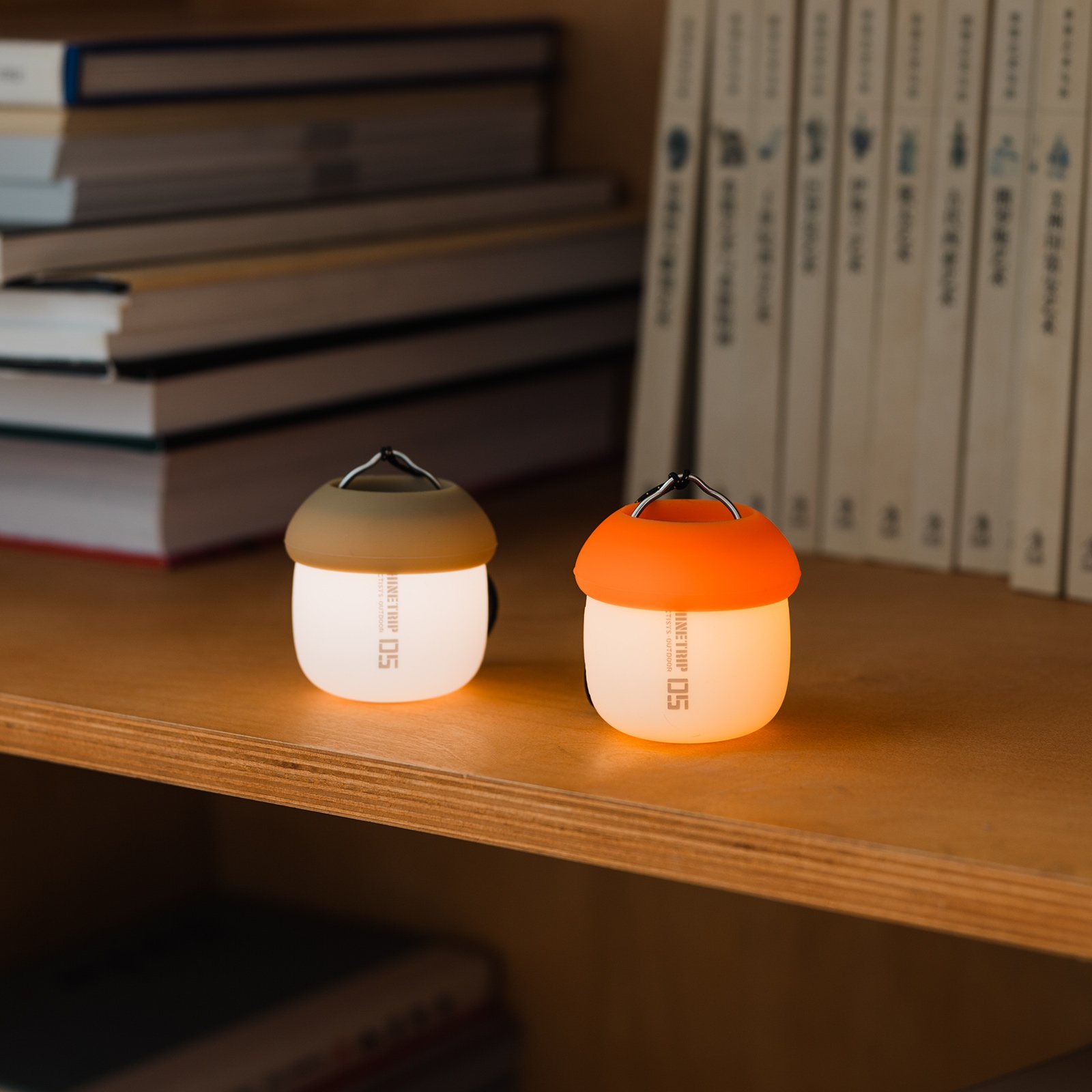 Two A61 Acorn Lamps with sand and orange shades on a wooden bookshelf