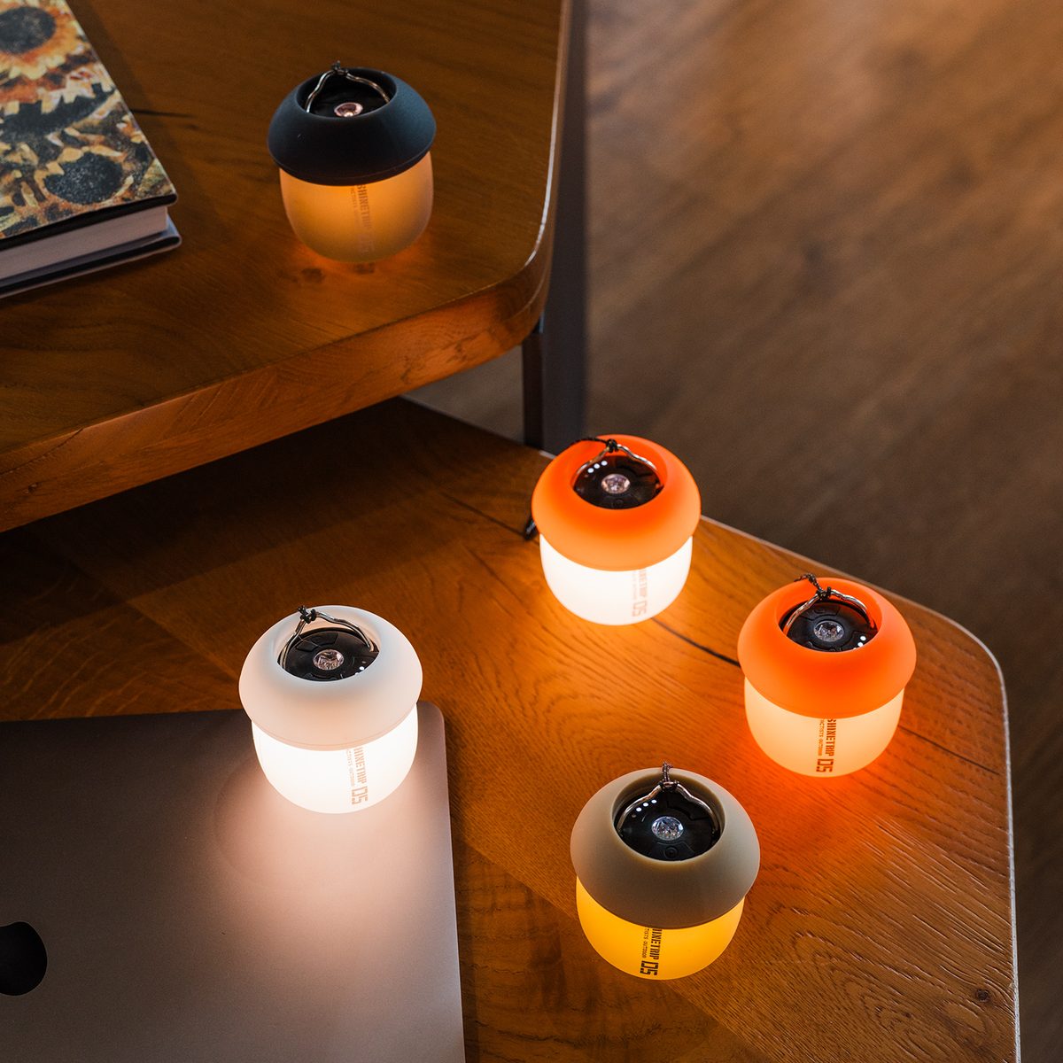 Several A61 Acorn Lamps in orange, white, sand and black shades glowing together on a wooden desk