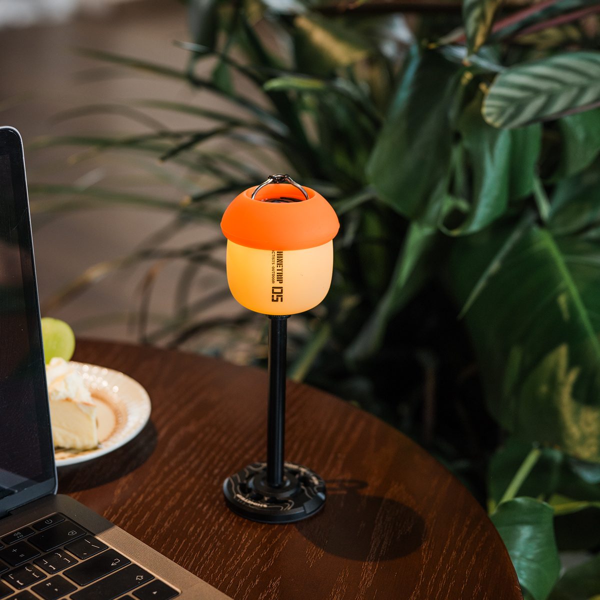 A61 Acorn Lamp with an orange shade on a light stand on a desk, with a laptop and a large plant behind